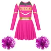 Childrens and Girls Cheerleading Abbigliamento Halloween Uniforme Abito da ballo in ginnastica a maniche lunghe con pompe pompe cravatta intrecciata 240425