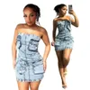 Nieuwe casual jurk strapless denim rok slank fit 3d pocket backless sexy dames jurk