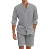 Täglich lässige atmungsaktive Baumwollwäsche -Outfits Herren Vintage Stand Collar Buttonup -Hemden und Shorts Sets für Männer Kleidung Sommer 240415