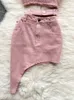 Summer Pink Denim Sexy Mulheres Conjuntos de Zipper elegantes Tops Sashes Button Pocket Irregular Slash Neck Slim Duas peças Conjunto 240422