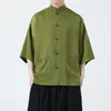 Etniska kläder 2024 Summer Short Sleeve Loose Ice Silk Shirt kinesisk fast färg präglad hantverk mäns hanfu högkvalitativa skjortor