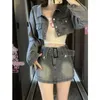 Arbeitskleider Vintage Denim Anzug Frau Slim Casual Short Cardigan Sexy Bodycon Y2K Minirock Eleganter koreanischer Mode Set 2024 Herbst Chic