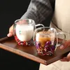 Real Flower DoubleLeryer Glass tasse avec poignée HeatreSistant Tea Coffee Espresso Milk Creative Gift Simple Style 240424