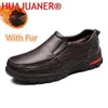 Casual Shoes Genuine Leather Tooling Mens Winter Outdoor Plush Loafers Men Warm Fur Snow Walking Comfortable Shoe Slip On