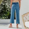 Frauen Jeans Ninte Hosenknöpfe Frauen Feste Farbe Weitbein lässig Sommerdame Kleidungsstück