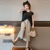 Kleidungssets Sommer Kinder Anzüge für Mädchen schwarz lässige Top vertikaler Streifen Weitbeinhosen 2pcs Teenager Tracksuits Kinder koreanische Kleidung