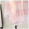 2023 Blue Pink Plaid Coton et lin Cabinage solaire Femmes Summer Summer Shirt Casual à manches longues Blouse mince Tops 240419