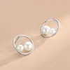 Studörhängen S925 Sterling Silver Hollowed Out Round Double Freshwater Pearl Japan och Sydkorea Fashion Temperament K Gold Plated