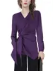 Blouses de femmes Fashion Femmes Asymetrcial Purple Lacet-Up Shirt Long Manche V-col