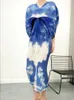 Robes décontractées Lanmrem Long Robe plissée pour femmes Vintage Tie Dye Print Batwing Sleeve V-Neck Blue 2024 automne 2R9504