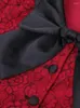 Women's Blouses Dames lange mouw rode kanten top met boog stropdeling veer elegante slanke haak bloem holle bloemen shirts vintage casual