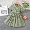 Kız Elbiseler Çocuk Girliler İçin Gündelik Yaz Gömlek Elbise 2024 Yürümeye Başlayan Kısa Kollu Ön Düğme Prenses Moda Çocuk Giyim 1-8y