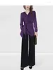 Blouses de femmes Fashion Femmes Asymetrcial Purple Lacet-Up Shirt Long Manche V-col