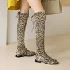 Stiefel große Größe 34-43 Oberschenkel Hoch-Leoparden-Druck für Frauen Winter über Knie Frauen schwarze schlanke warme Schuhe Frau elastisch