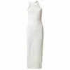 Casual jurken rib gebreide witte elegante vrouwen slanke maxi jurk asymmetrische mouwloze halter split lange vestidos zomerse mode kleding