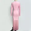 Hot Pink Women Ladies Bandage Elegant Tassel Dresses Long Sleeve Bodycon Long Dress Wholesale Free Ship HL3115