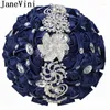 Hochzeitsblumen Janevini 24cm Marine Royal Blue Blumenstrauß mit Kristallschmuck Luxus Perlen Diamant Satin Rose Braut Fleur Mariage