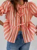 Bluzki damskie przednie krawatowe koszule 2024 Summer Puff Sleeve Stripe Topss i jesienne eleganckie streetwear