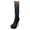 Stiefel Ashiofu handgefertigte klassische Damen Knie Round-Toe Sexy Club Party Plattform Leopard Fashion Winter Schuhe