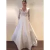 Nyaste klänningar A-Line 2020 ärmar Scalloped Long V Neck Lace Applique Satin Ribbon Custom Made Wedding Gown Vestido de Novia Estido