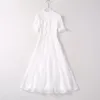 Summer White Solid Color Panelled Dress Short Sleeve Stand Collar Lace Buttons Midi Casual Dresses A4A291535