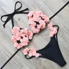 Damenbadebekleidung solide schwarze Badeanzug Frauen Low Taille Bikini Set mit Blumendekoration Beach Badebadanzug S-XL D240429