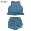 Clothing Sets Toddler Girls Summer Casual Denim Outfit Sleeveless Ruffle Top With Bloomers For Daily School Party Beach Vacation Pography