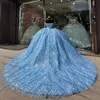 Sky blauw van de schouder Quinceanera -jurk voor zoete meid lovertjes kristal Tull Graduatin Party Rom Dress Vestidos de 15 anos