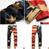 Jeans pour hommes hommes American Flag Print Fi Stripe Stripe Stars Digital Paint Paint Pantalon Denim Slim Stretch Crayer Trafant 29pw Drop Livrot Dh3gr