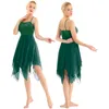 Stage Draag dames chiffon dans jurk volwassen spaghetti riem mouwloze asymmetrische vaste kleur hedendaags