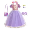 Girl Rapunzel -jurk voor kind Halloween Princess Cosplay kostuum voor verjaardagsfeestje geschenk paarse pailletten mesh kleding 240417