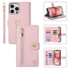 Fasion Design Light Luxury Gold Zipper Card Wallet Case For Apple iPhone 15 14 Pro XR13 Multi Card 360 Full Protection Foil Stamping Heart Leather Belt