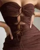 Casual Dresses 2024 Ninimour Women Lace-up Ruched Chocolate Bodycon Tube Dress Off Shoulder Mini Party Sexy Robes Summer Clothes