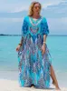 Bohemian Seaside Plus Size Print Kaftan Maxi Dress V Neck Slit Loose Robe Women 2024 Summer Beachwear Swimsuit Coverups Q1415 240418