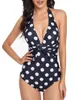 Polca de roupas de banho feminina Polca impressa One Piece Biquíni 2024 Verão Termo de banho conservador Monokini sem costas de pescoço em V MONOKINI