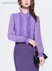 Women's Blouses 2024 Spring Women Purple Ruffles Blouse Long Sleeve Lace Top Elegant Slim Office Ladies Work Casual Shirts