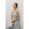 A Line Dresses Blue Bohomian Dusty Beach 3/4 Long Sleeves Lace Applique V Neck Sweep Train Bridal Wedding Gown pplique