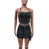 Robes de travail Femmes Backless Hanging Neck Lace-Up Bustier Tops Vintage Two Piece Set 3D Pocket Patchwork Jupe courte peinture en aérosol