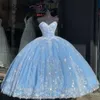 Com vestidos azul 3D Light Quinceanera Ballgown Applique Floral Fished Lantejou