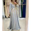 Ärmeln Kristalle Blaue staubige Kleider Abend langer Perlen gegen Hals bodenlange Satin Plus Größe Falten Promkleid formelle Formalen Vestidos estidos