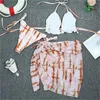 Women's Swimwear Tie Dye String Bikini Thong Triangle Sexy Ruched Swimsuit Women Backless 3 Piece Boho Print Beach Bathing Suit Cover-up
