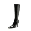 Boots Patent Leather Knee High Metal Tips Toe Toe Stiletto Talons Side Zip Sexy Woman Girls Party Robe décontractée Chaussures