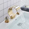 Zwarte badkamerbekken Kraan Brass 2 Crystal Knobs Cold Gold High Arc Waterfall Filler 3 Gaten Deck gemonteerd 240415