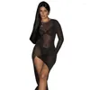 Robes décontractées noires voir à travers une robe maxi pour femmes manches longues o couvures de cou high splits sexy de nuit de nuit de porte