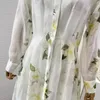 Casual jurken Hoge kwaliteit 2024 Gracieuze vrouwen Witte bloemen Mangnolia Print lange mouw Silk Linnen Midi Shirt Jurk voor vakantie