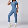 Women's Tracksuits Set 2PCS Ribbed Women Sportswear Workout Clothes Athletic Wear Gym Legging Fitness Bra Crop Top Short Slved Sports Suits Y240426