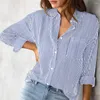 Kadın bluzları uzun kollu bluz moda dikey çizgili gömlek ile göğüs cebi ile rahat yaka gevşek fit sokak kıyafetleri için üst