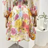 Sıradan elbiseler şık yaz kadın modaya uygun ipek keten çok renkli çiçek uzun kol v boyun elmasları gerilebilir büzülmüş bayan mini elbise