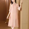 Vestidos de fiesta 2024 Moda Silk Color sólido Summer's Summer Style Chino Neck Standing Fit Fit Casual Holiday Vestidos