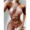 Bikinis Set y Serpentine Stoff mit Riemchen Split Bikini Frauen Badebekleidung Spleißen Badeanzug Strand Schwimmen 077 Drop Delive otz8w